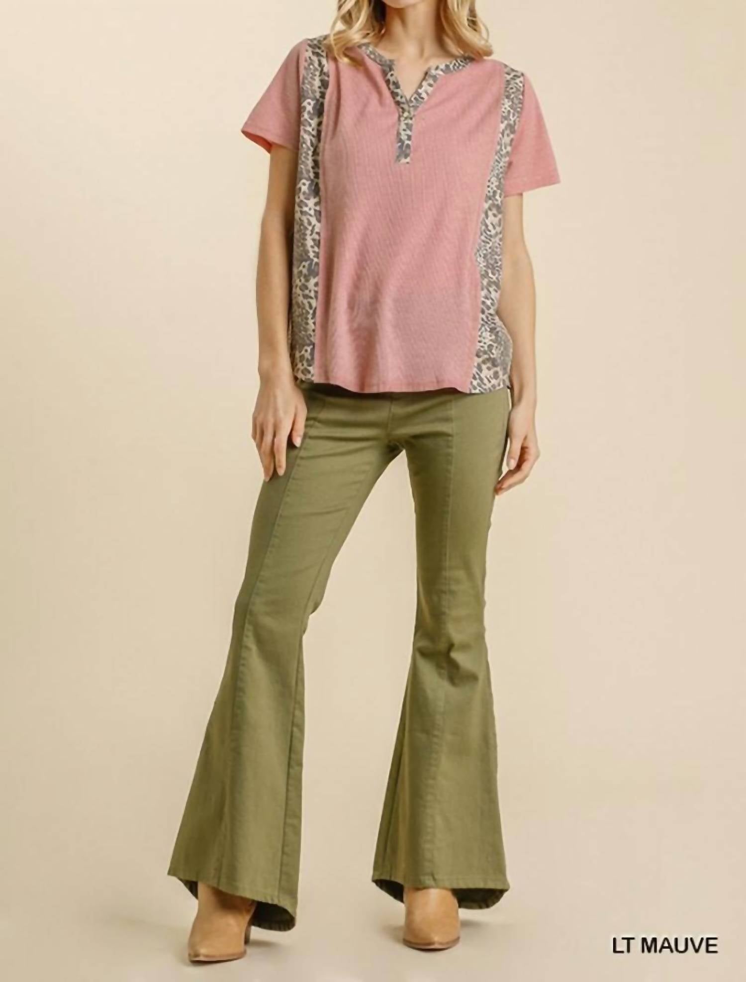 Umgee - Leopard Trim Waffle Knit Top - animal - blouses - clothing