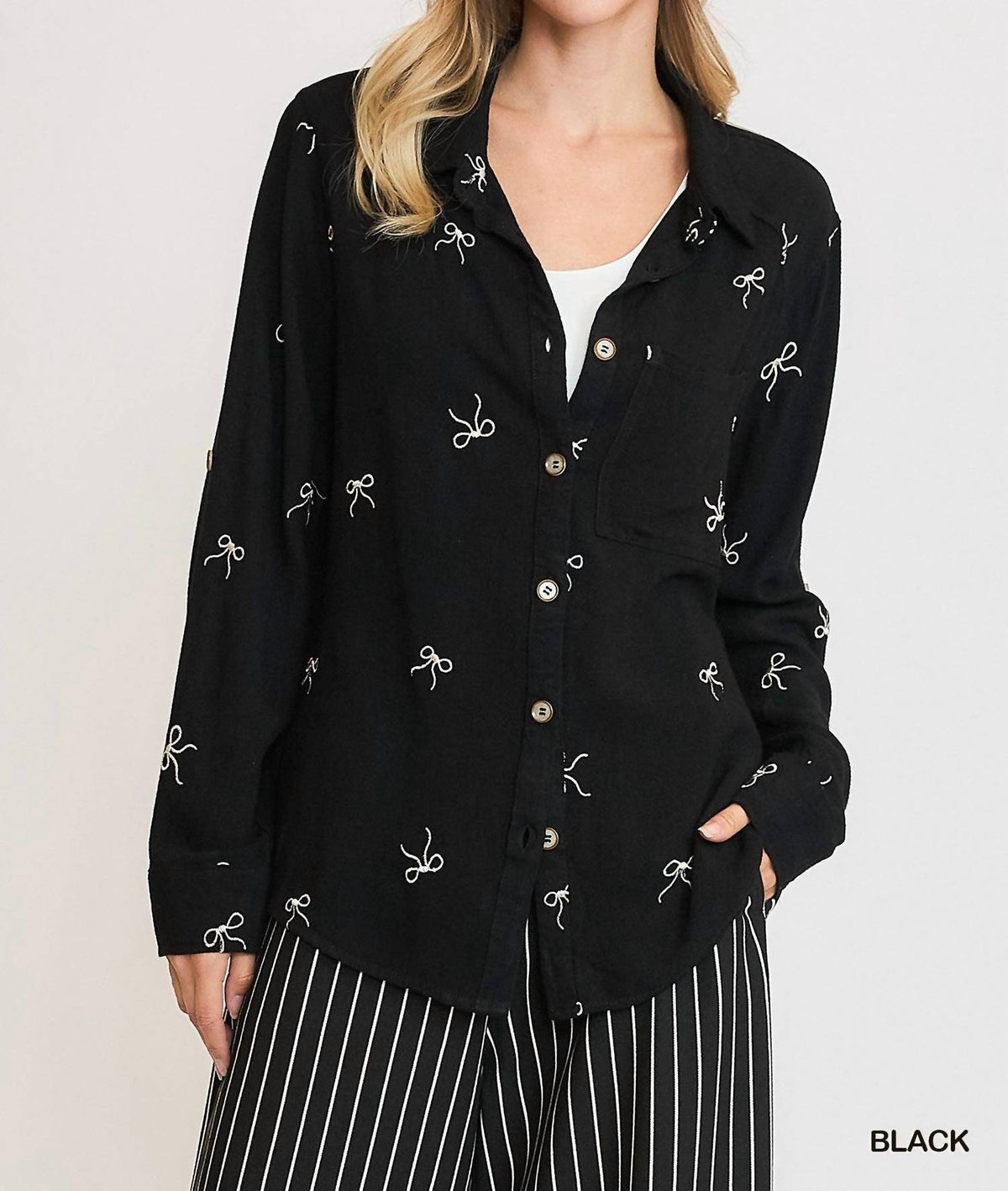 Umgee - Linen Blend Embroidered Bow Button-Down Shirt