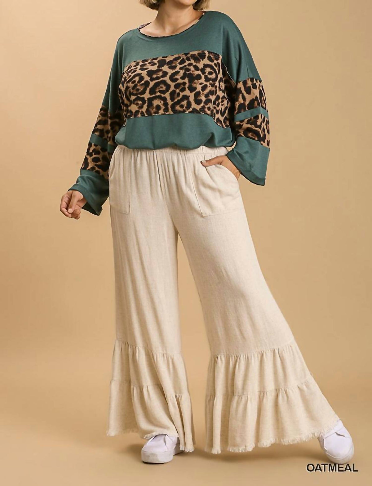 Umgee - Linen Blend Wide Ruffle Leg Pants - Plus