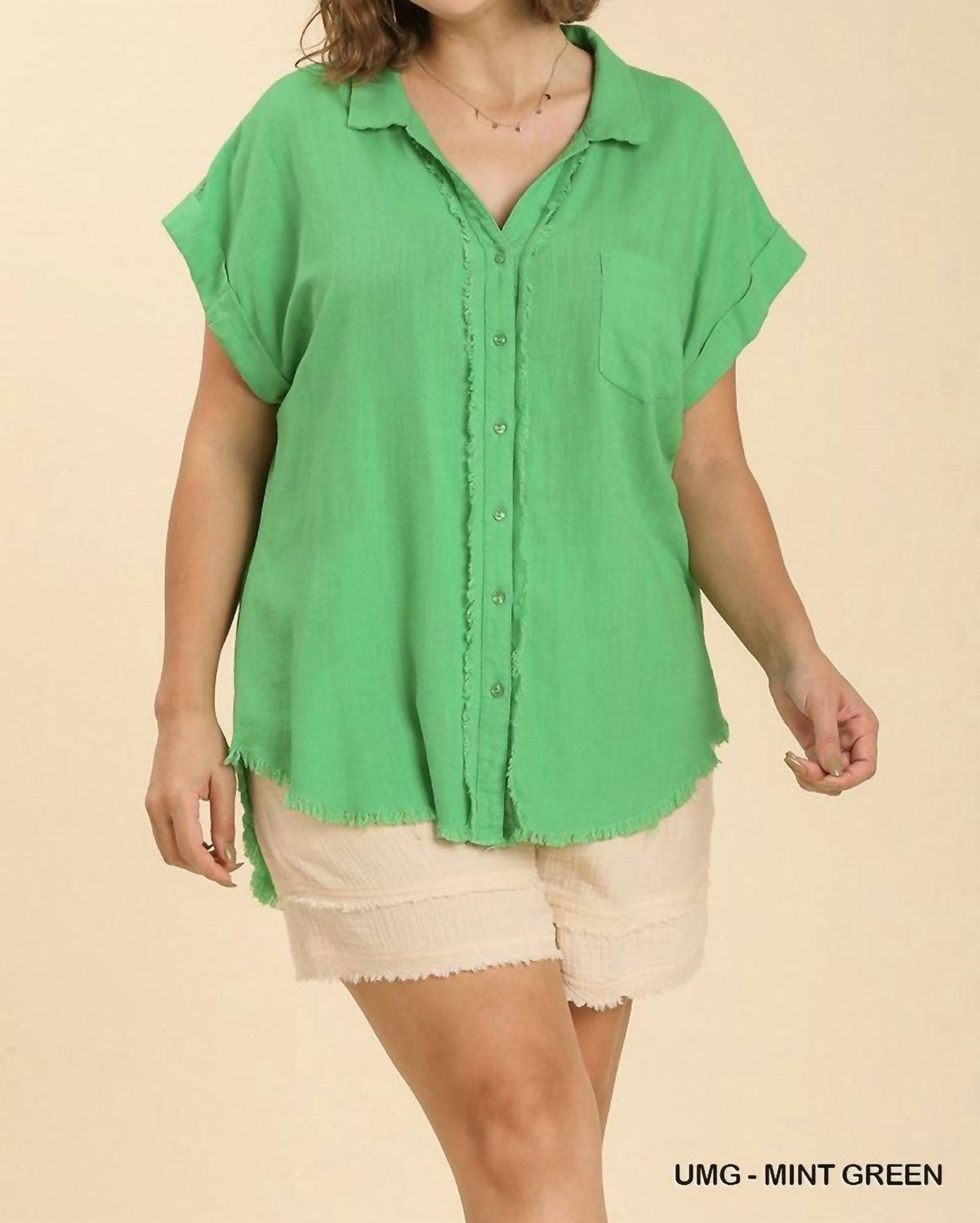 Umgee - Linen Button Front Fray Hem Top - Plus