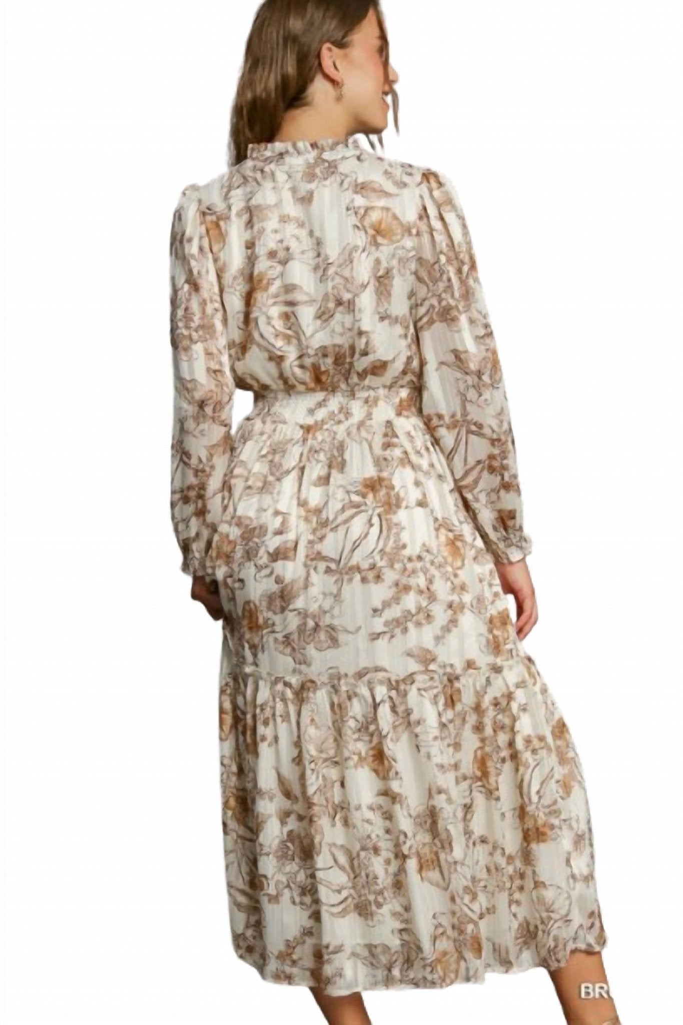 Umgee - Lurex Floral Print Midi Dress - brown - clothing - dresses