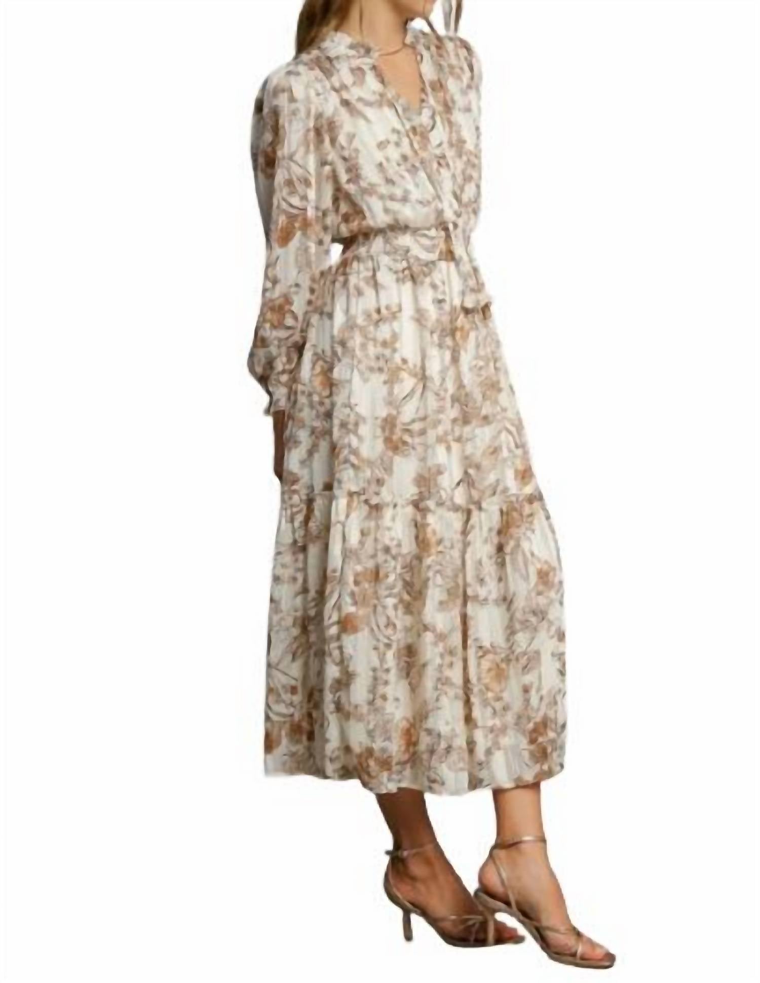 Umgee - Lurex Floral Print Midi Dress - brown - clothing - dresses
