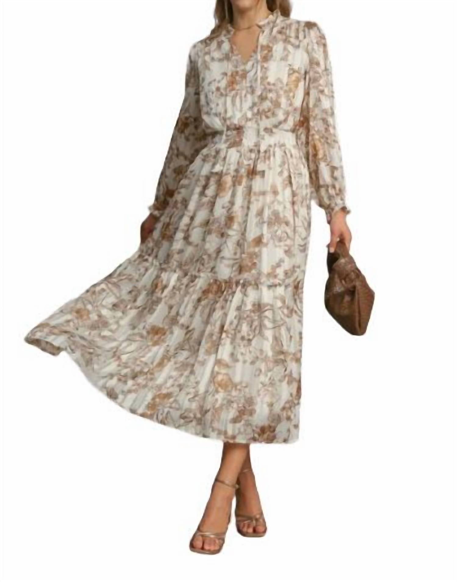 Umgee - Lurex Floral Print Midi Dress - brown - clothing - dresses