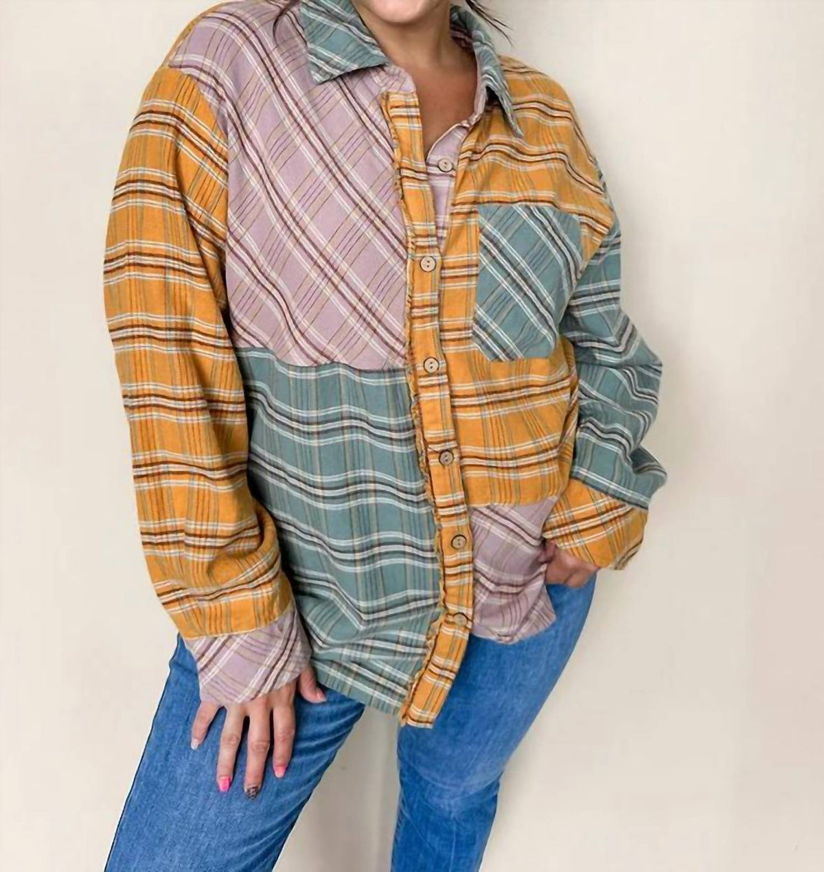 Umgee - Mixed Color Flannel Button Down Top