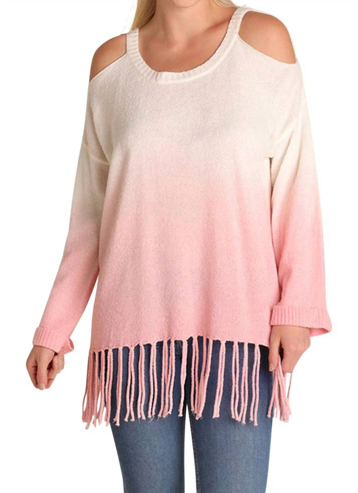 Umgee - Ombre Cold Shoulder Fringe Sweater - PLUS