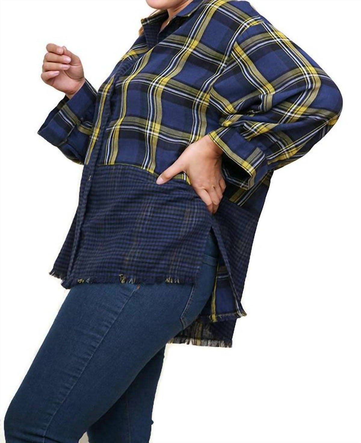 Umgee - Plaid & Checkered Frayed Top
