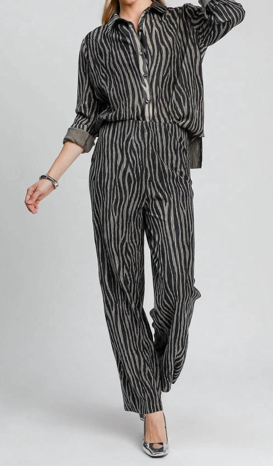 Umgee - Pleated Zebra Print Velvet Pants Set - animal - black - button - down - shirts