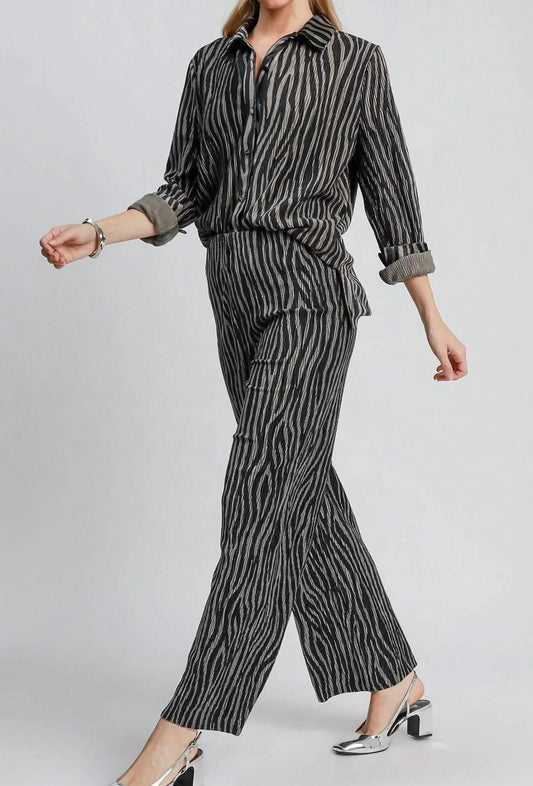 Umgee - Pleated Zebra Print Velvet Pants Set - animal - black - button - down - shirts