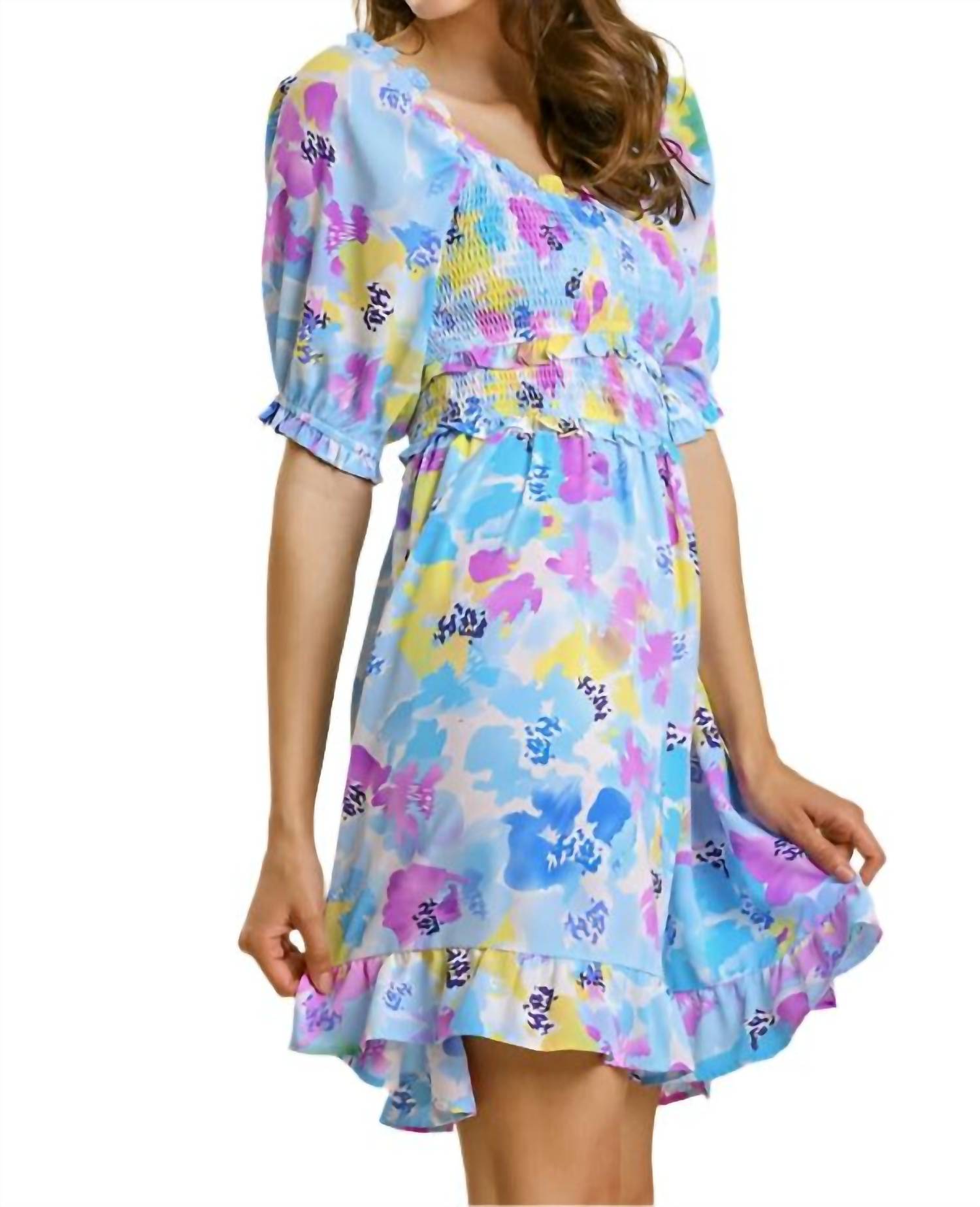Umgee - Ruffle & Smocked Floral Dress - blue - clothing - collection:vacationdresses(Auto)