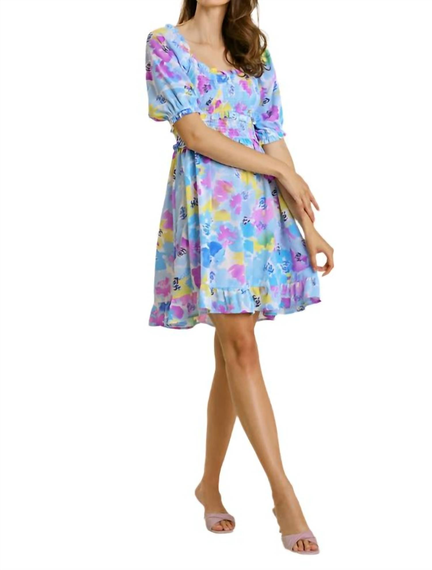Umgee - Ruffle & Smocked Floral Dress - blue - clothing - collection:vacationdresses(Auto)
