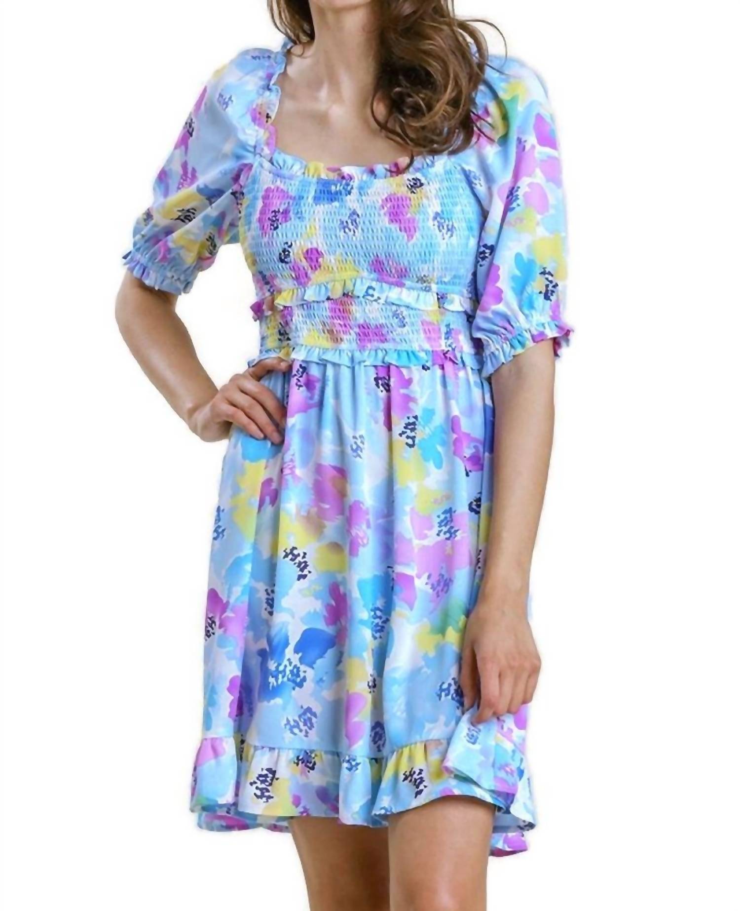 Umgee - Ruffle & Smocked Floral Dress - blue - clothing - collection:vacationdresses(Auto)