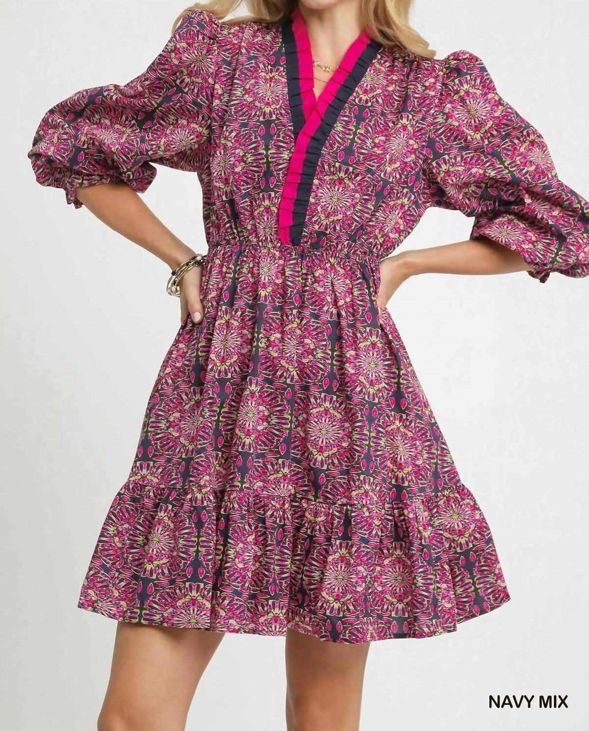 Umgee - Ruffled Neck Boho Print Mini Dress