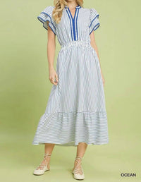 Umgee - Sky High Striped Flutter Sleeve Midi Dress