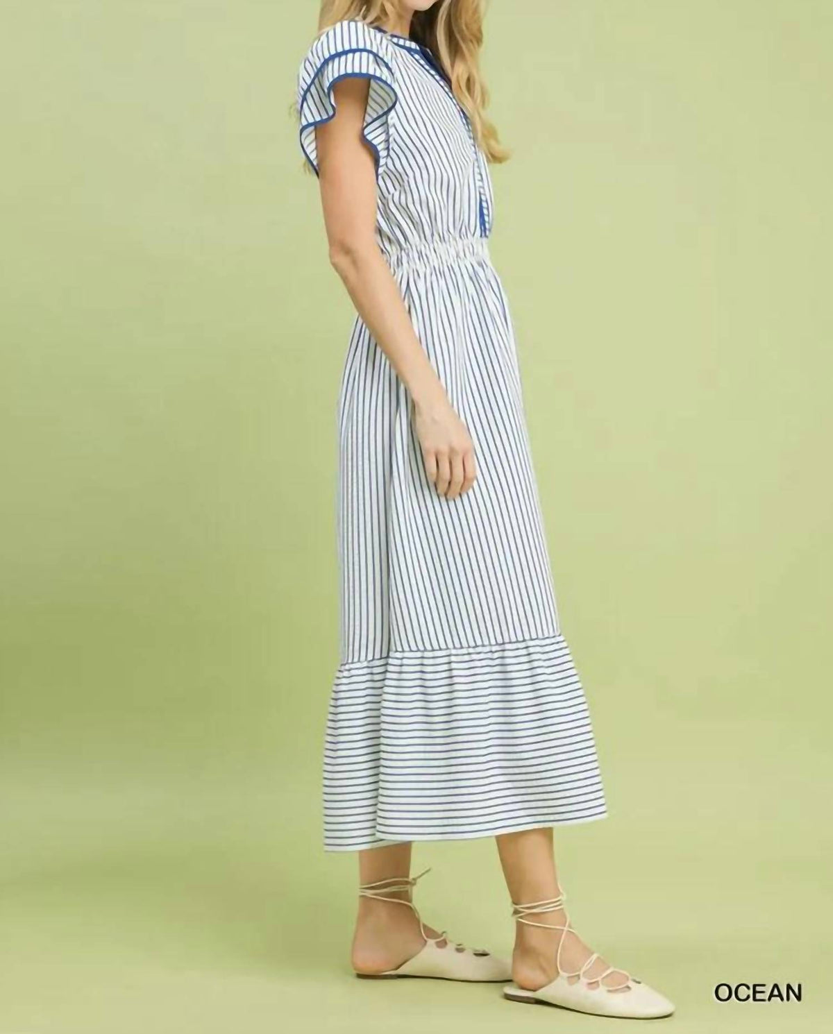 Umgee - Sky High Striped Flutter Sleeve Midi Dress