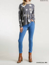 Umgee - Star & Leopard Waffle Knit Top - blouses - clothing - graphic
