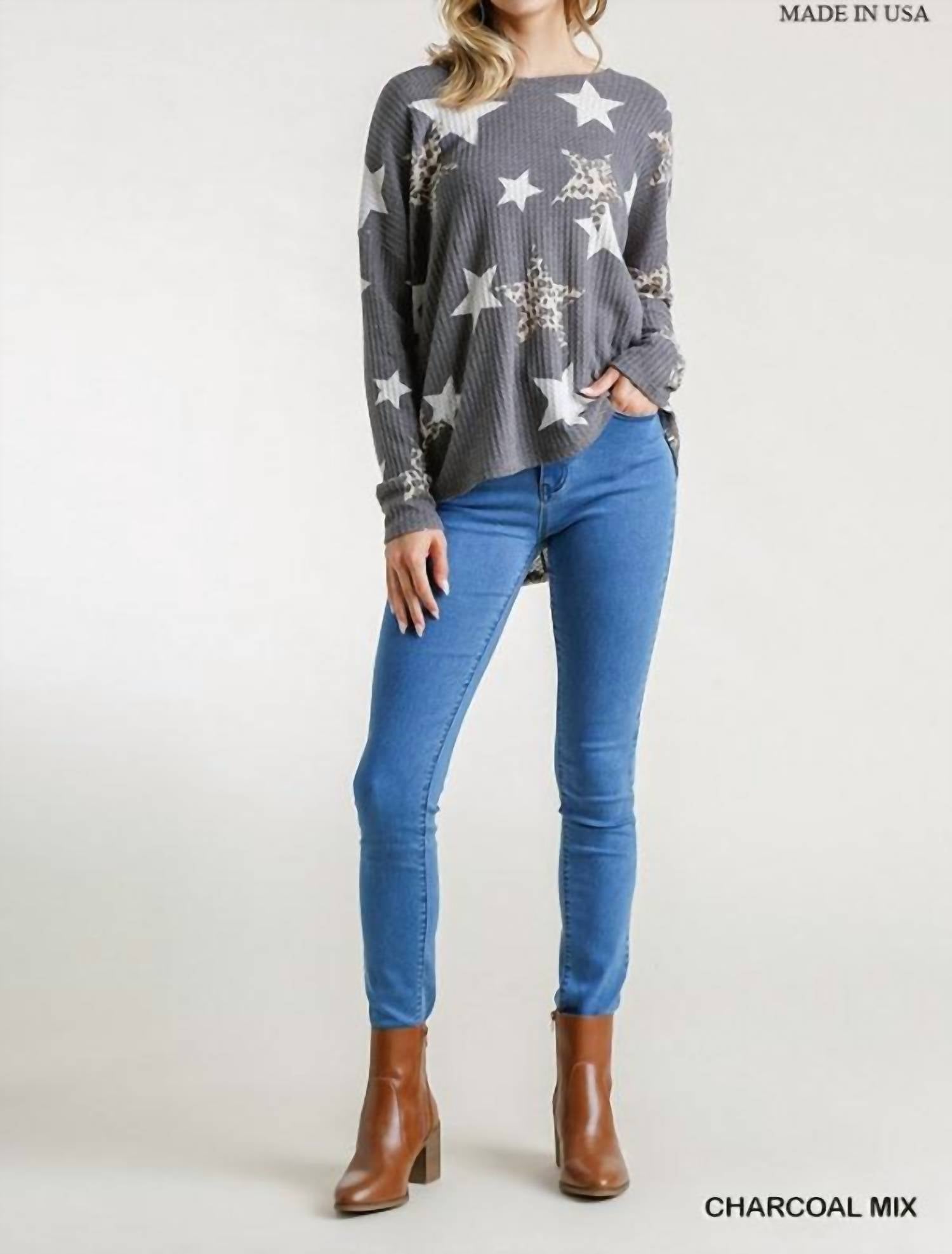 Umgee - Star & Leopard Waffle Knit Top - blouses - clothing - graphic