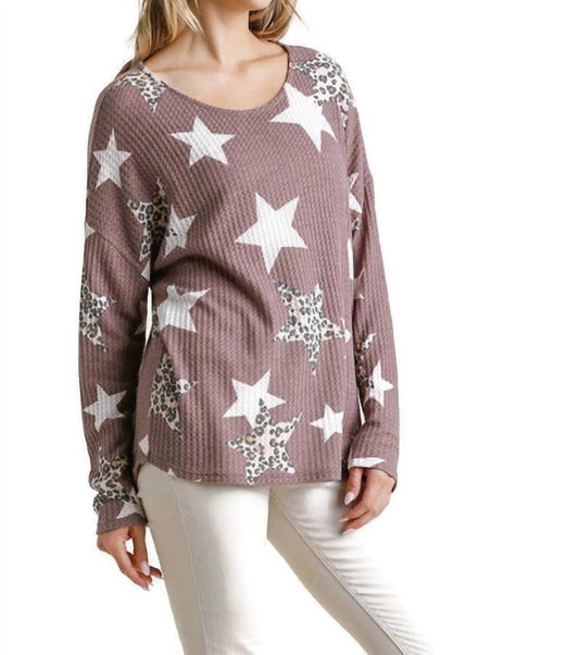 Umgee - Star & Leopard Waffle Knit Top - blouses - clothing - graphic