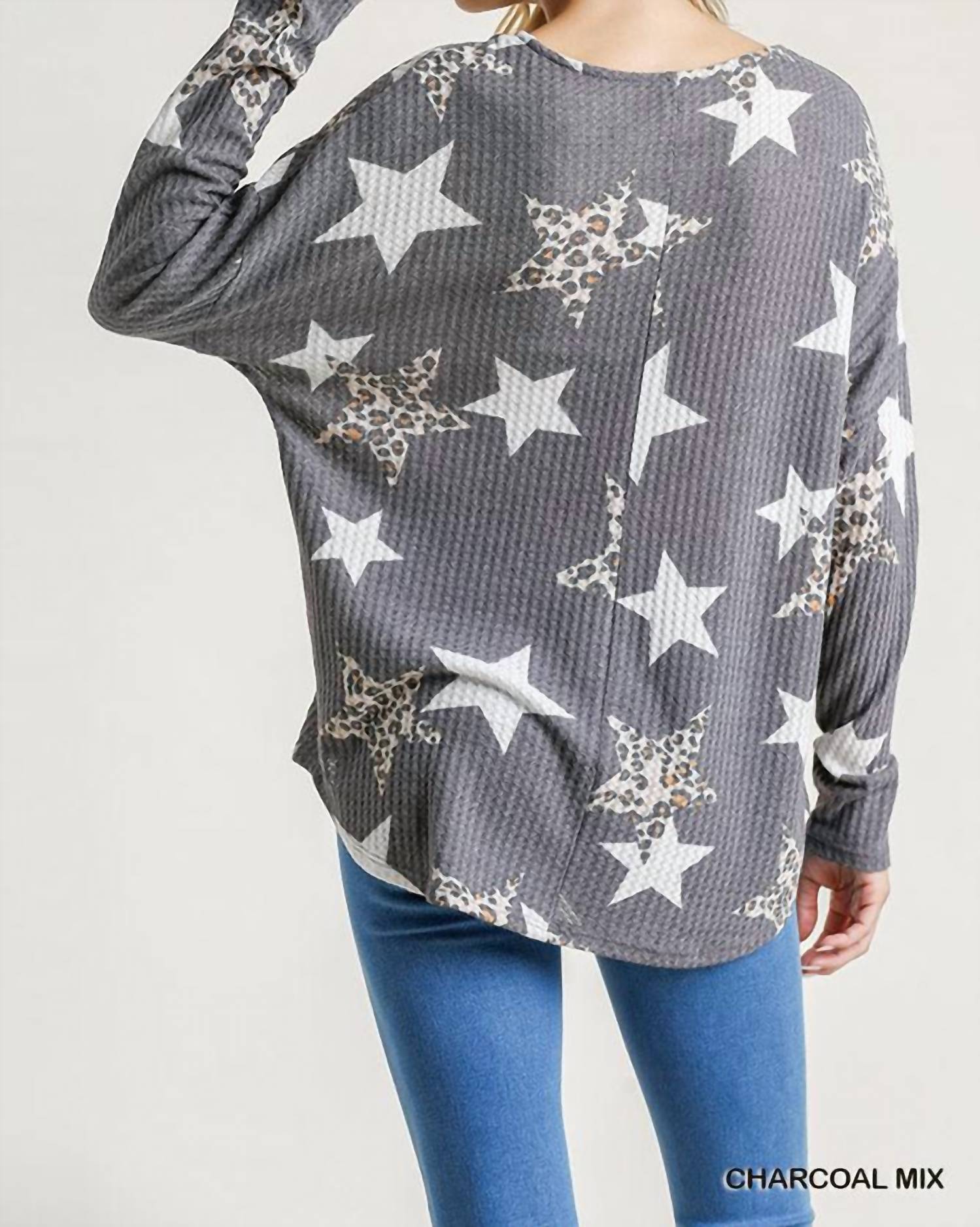 Umgee - Star & Leopard Waffle Knit Top - blouses - clothing - graphic