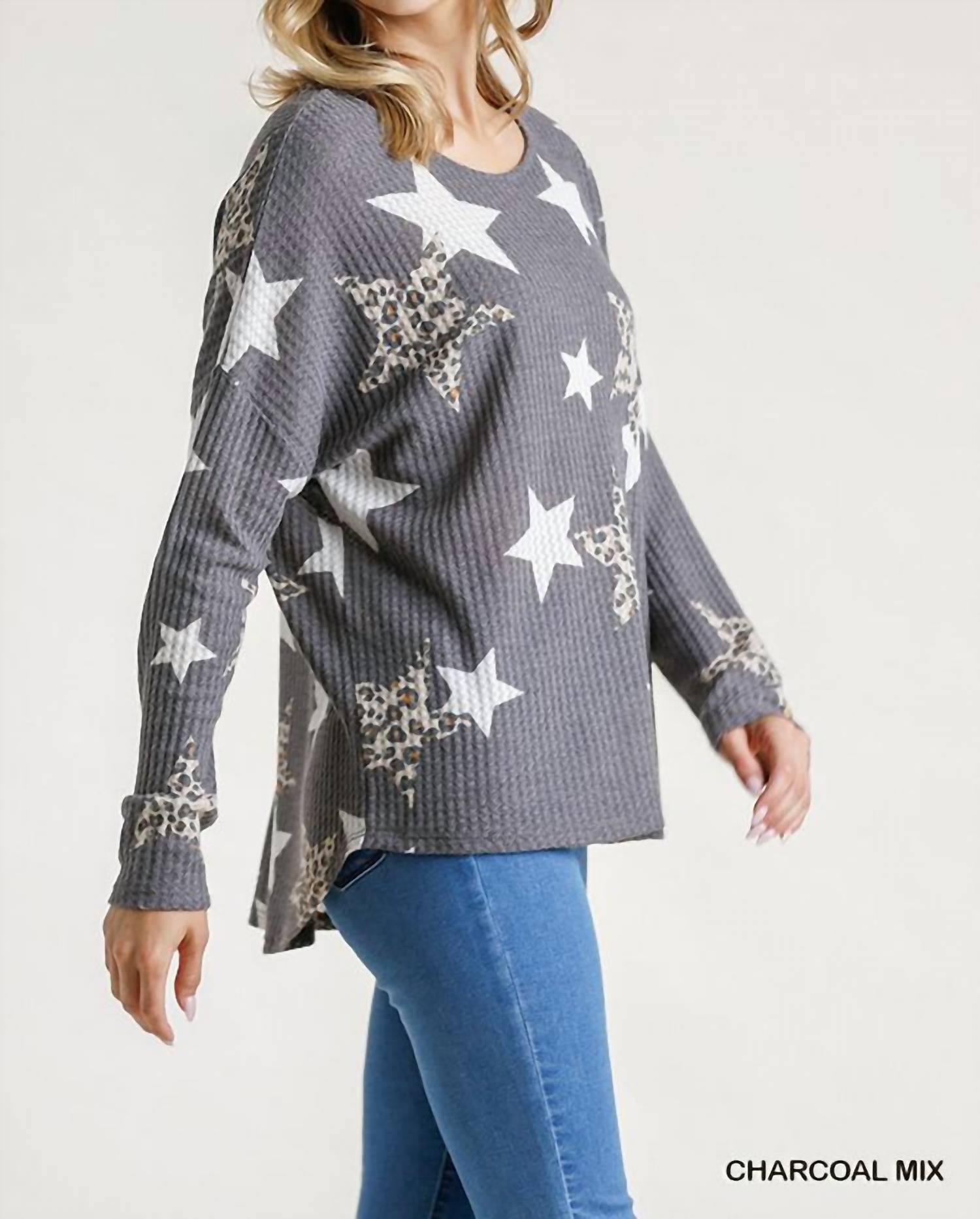 Umgee - Star & Leopard Waffle Knit Top - blouses - clothing - graphic