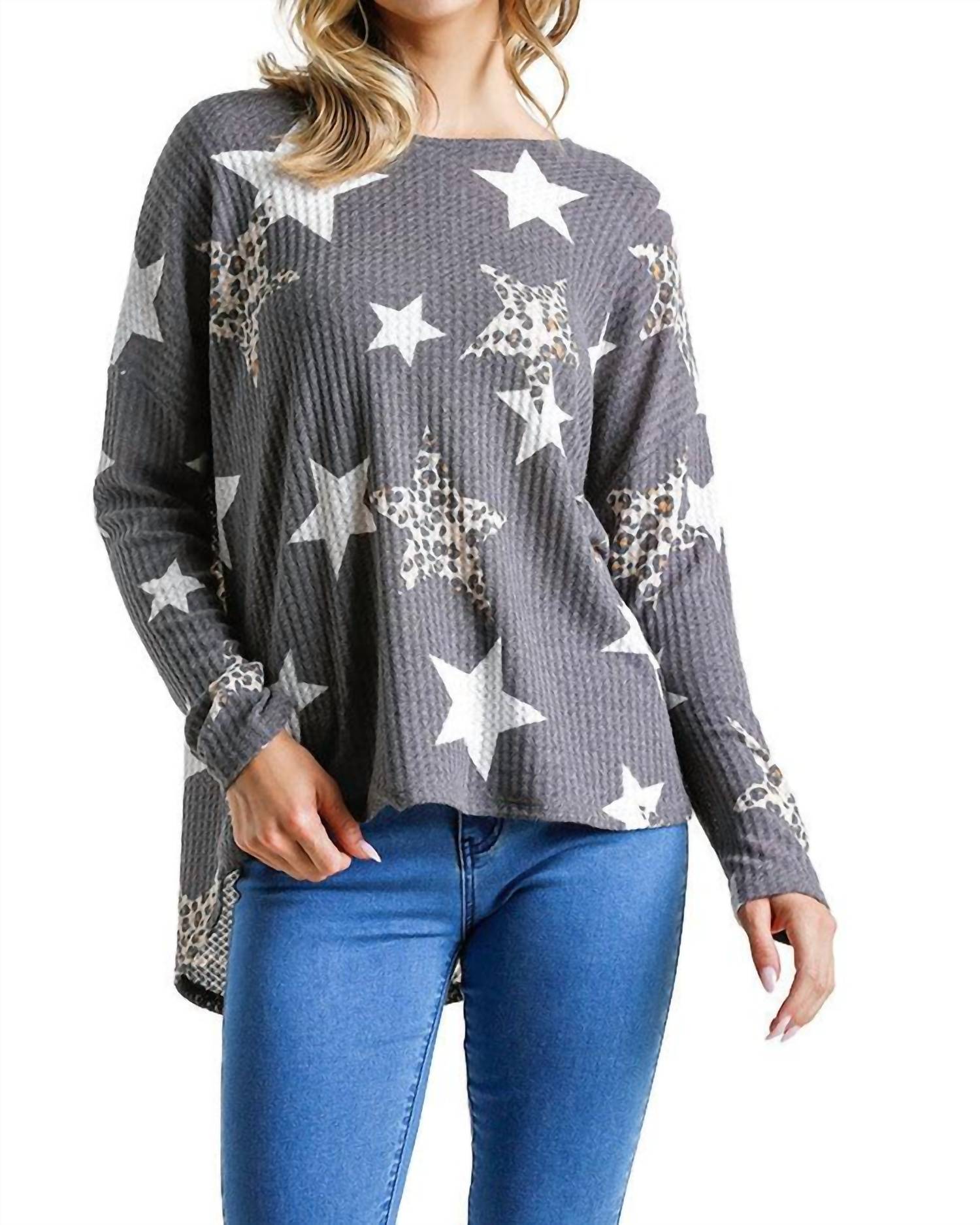 Umgee - Star & Leopard Waffle Knit Top - blouses - clothing - graphic