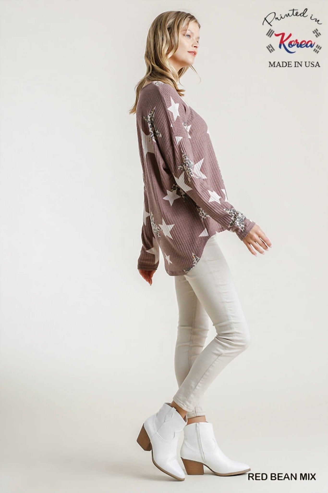 Umgee - Star & Leopard Waffle Knit Top - blouses - clothing - graphic
