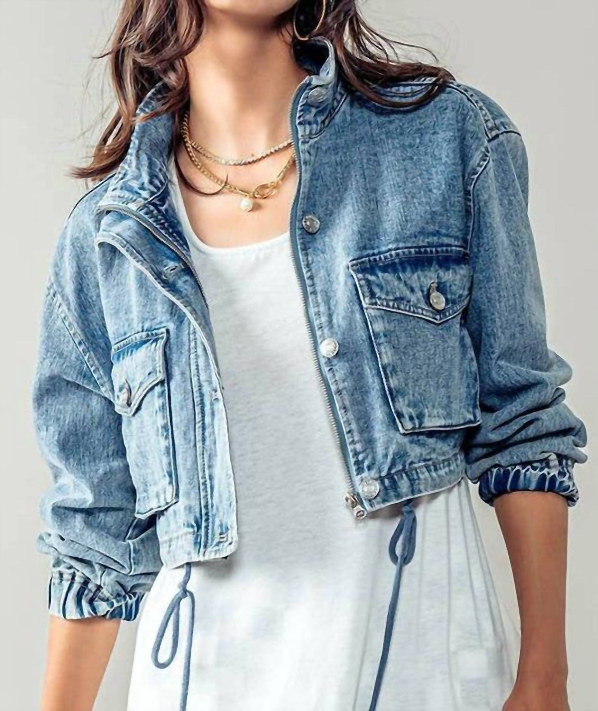 Urban Daizy - Drawstring Hem Stand Collar Denim Jacket
