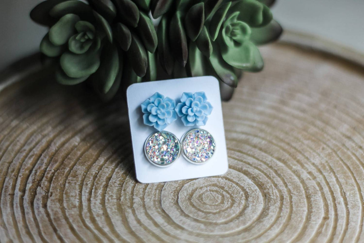 Urban Gemms - Women's Succulent & Druzy Stud Earring Set