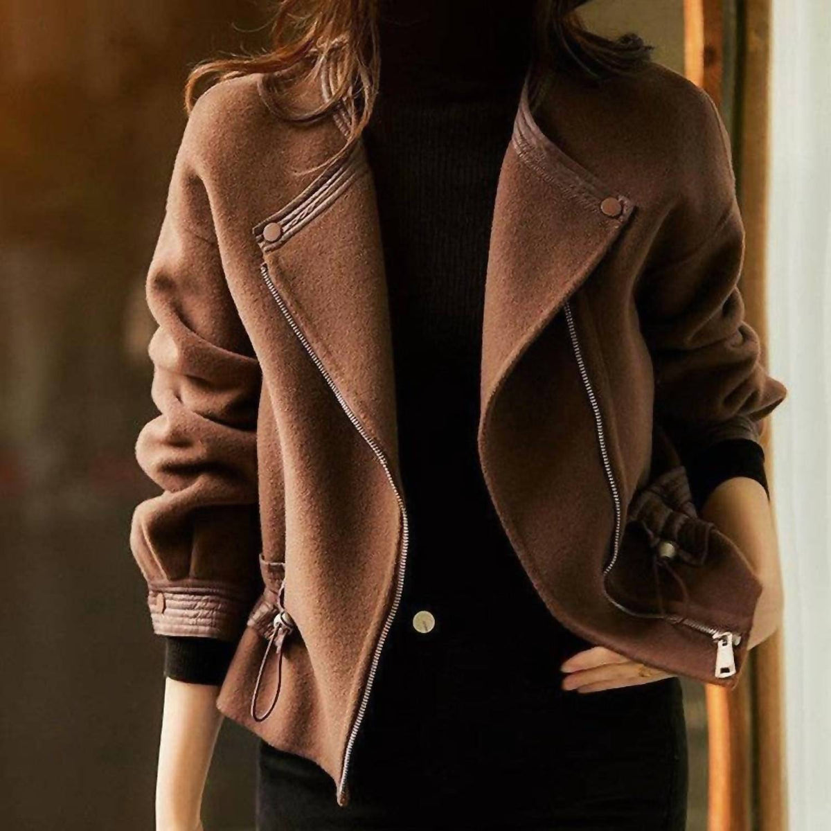 Uzwholesale - Short Solid Color Drawstring Waist Woolen Coat