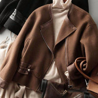 Uzwholesale - Short Solid Color Drawstring Waist Woolen Coat