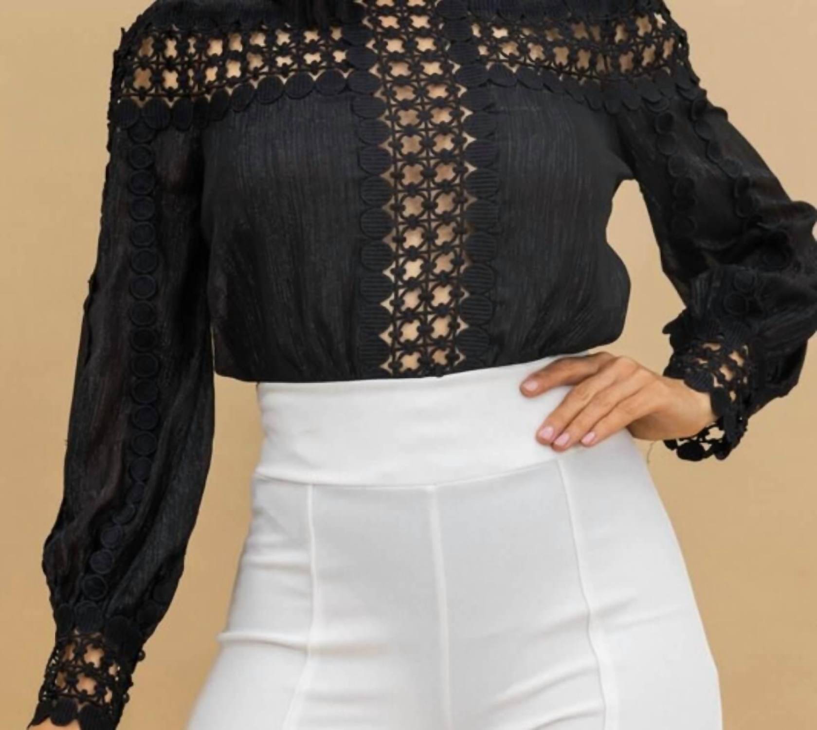 Valentine - Bree Crochet Detailed Cut Out Blouse Bodysuit - black - bodysuits - clothing