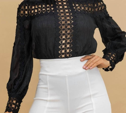 Valentine - Bree Crochet Detailed Cut Out Blouse Bodysuit - black - bodysuits - clothing