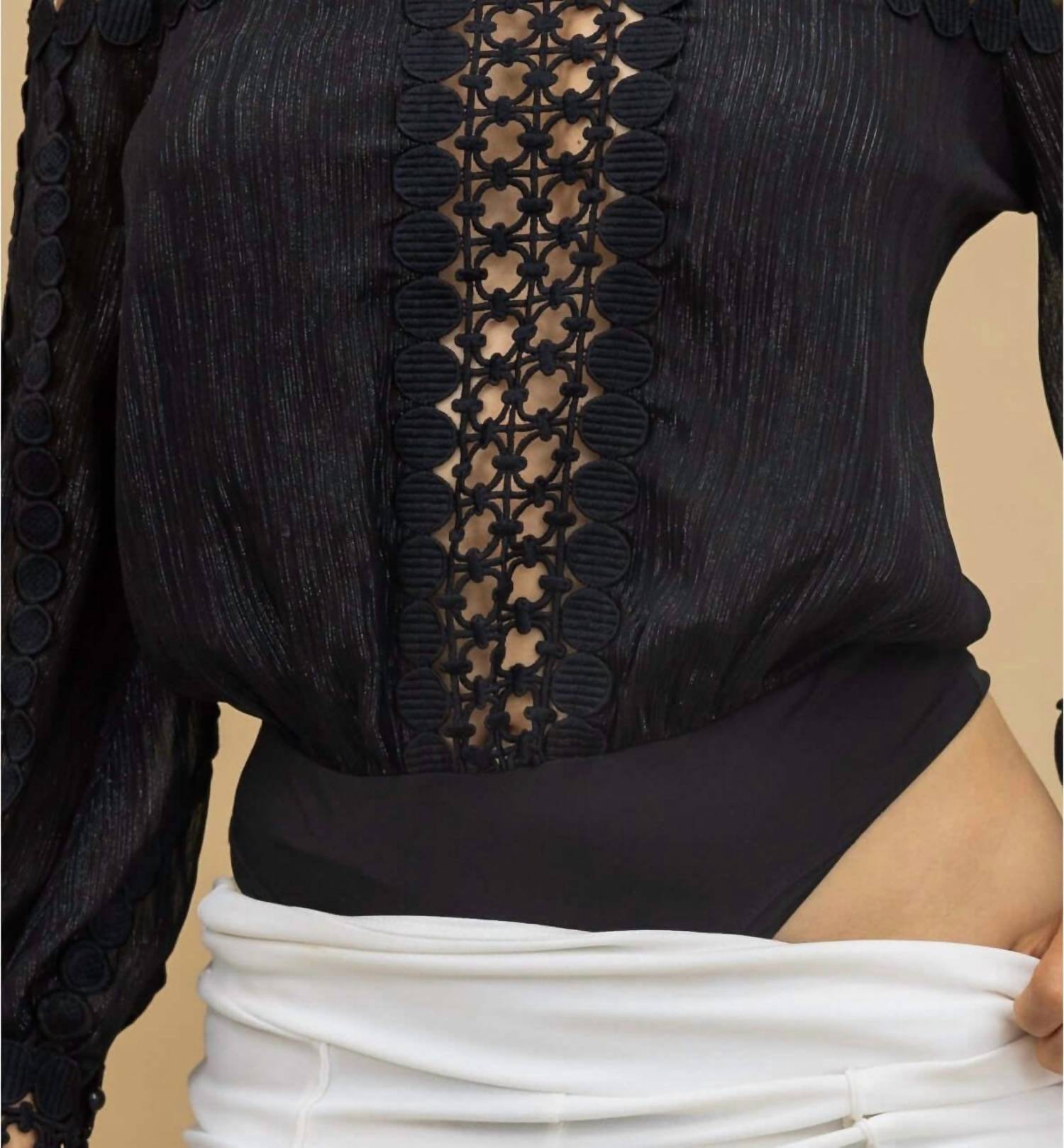 Valentine - Bree Crochet Detailed Cut Out Blouse Bodysuit - black - bodysuits - clothing