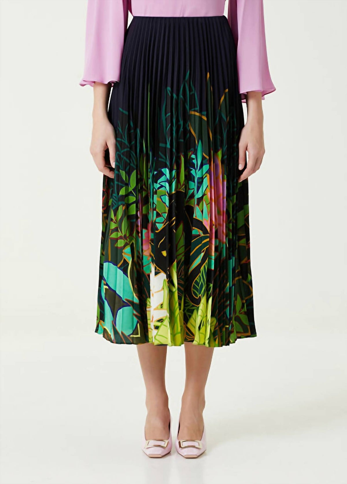 Valentino - Patterned Pleated Midi Silk Skirt