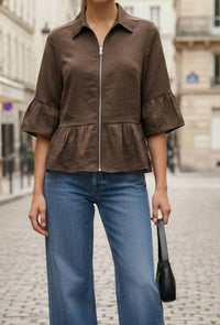 Vava - Ruffle Zip Jacket Blouse