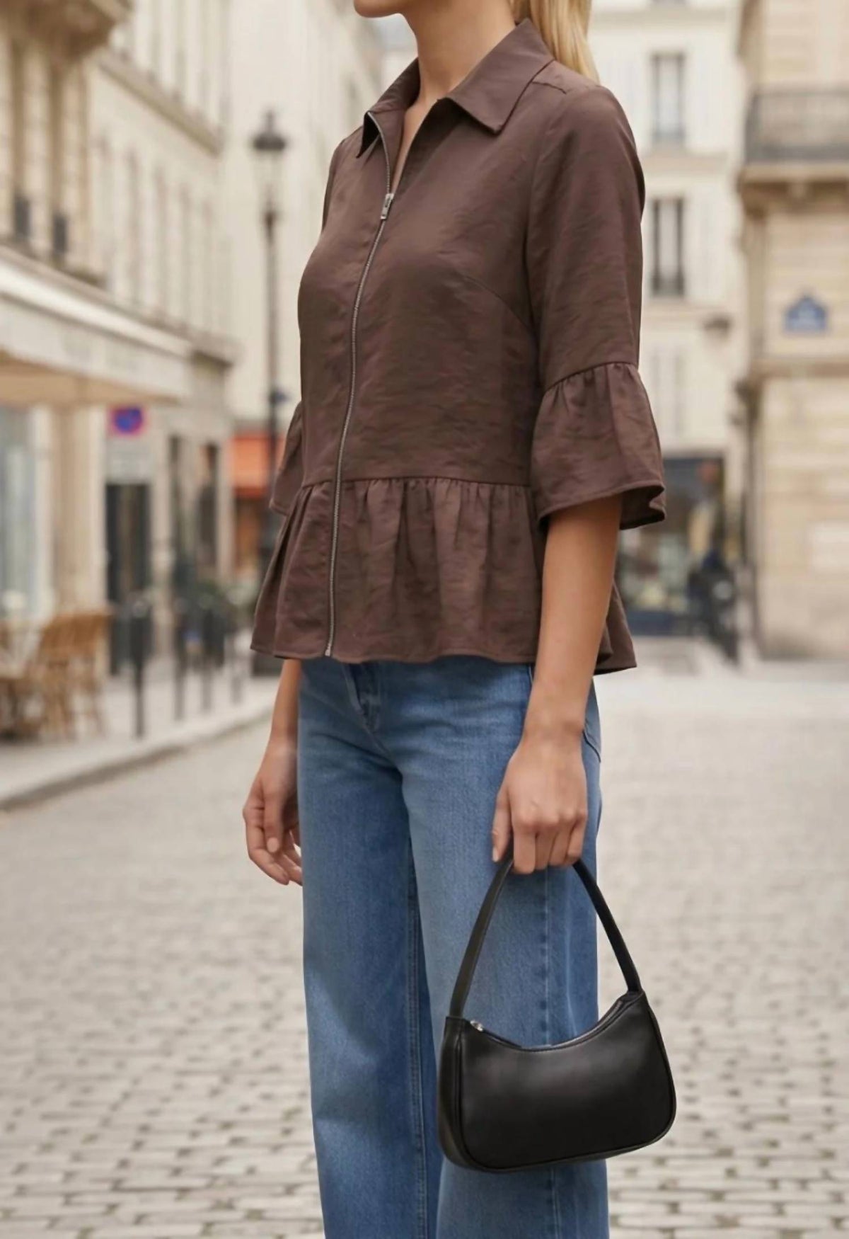 Vava - Ruffle Zip Jacket Blouse