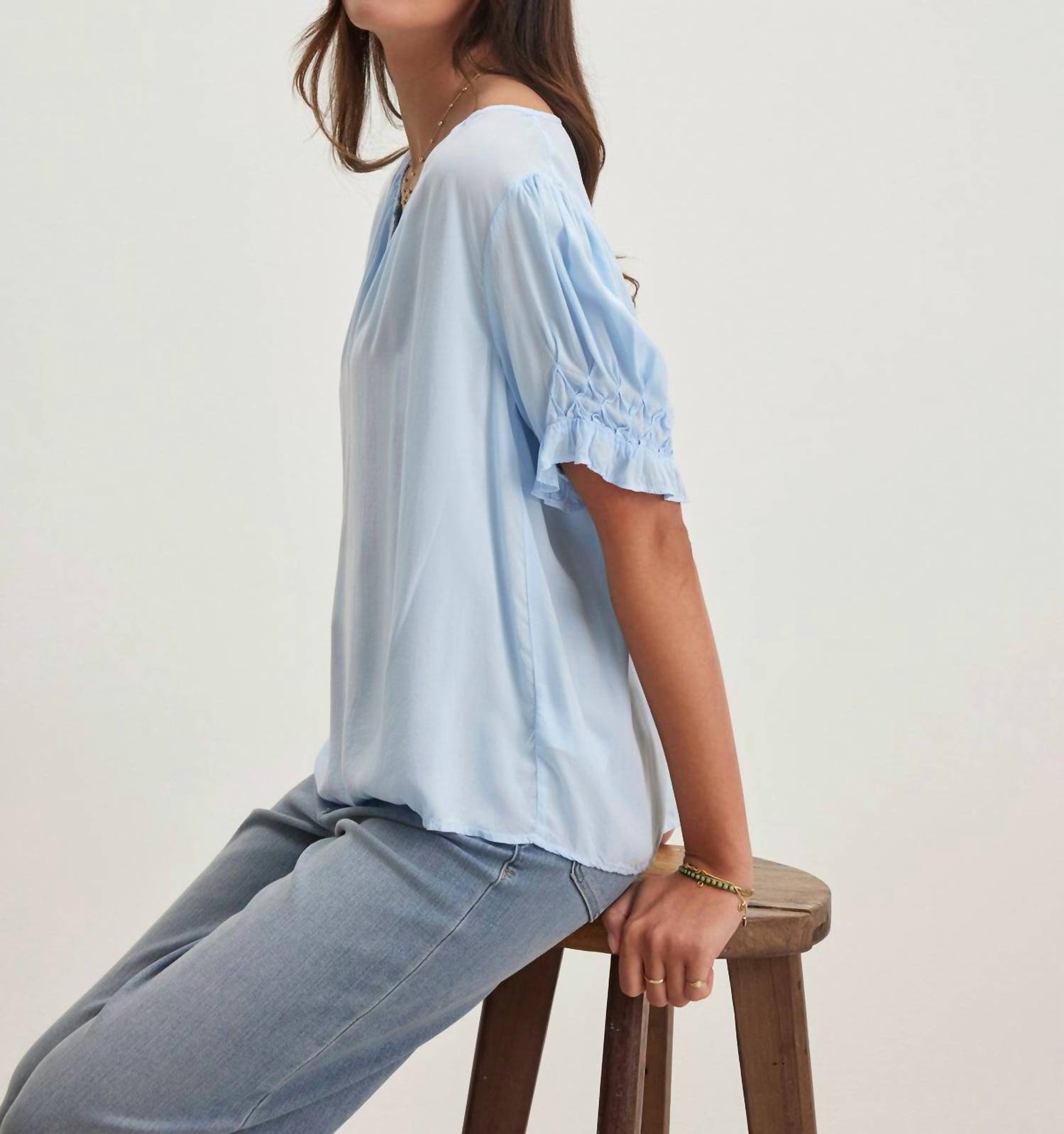 Velvet By Graham & Spencer - Calissa Split Neck Blouse - blouses - blue - clothing