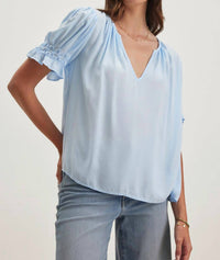 Velvet By Graham & Spencer - Calissa Split Neck Blouse - blouses - blue - clothing