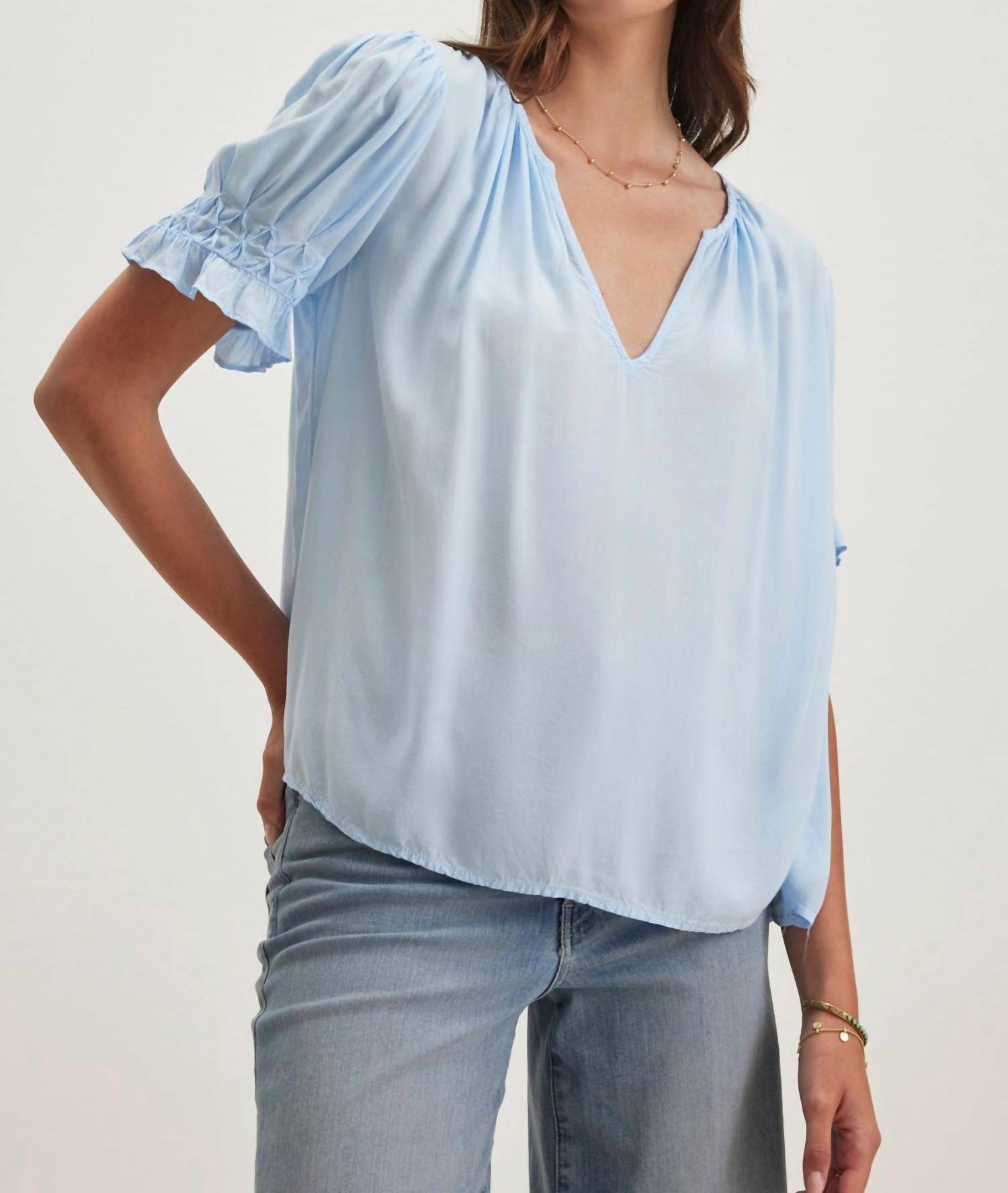 Velvet By Graham & Spencer - Calissa Split Neck Blouse - blouses - blue - clothing