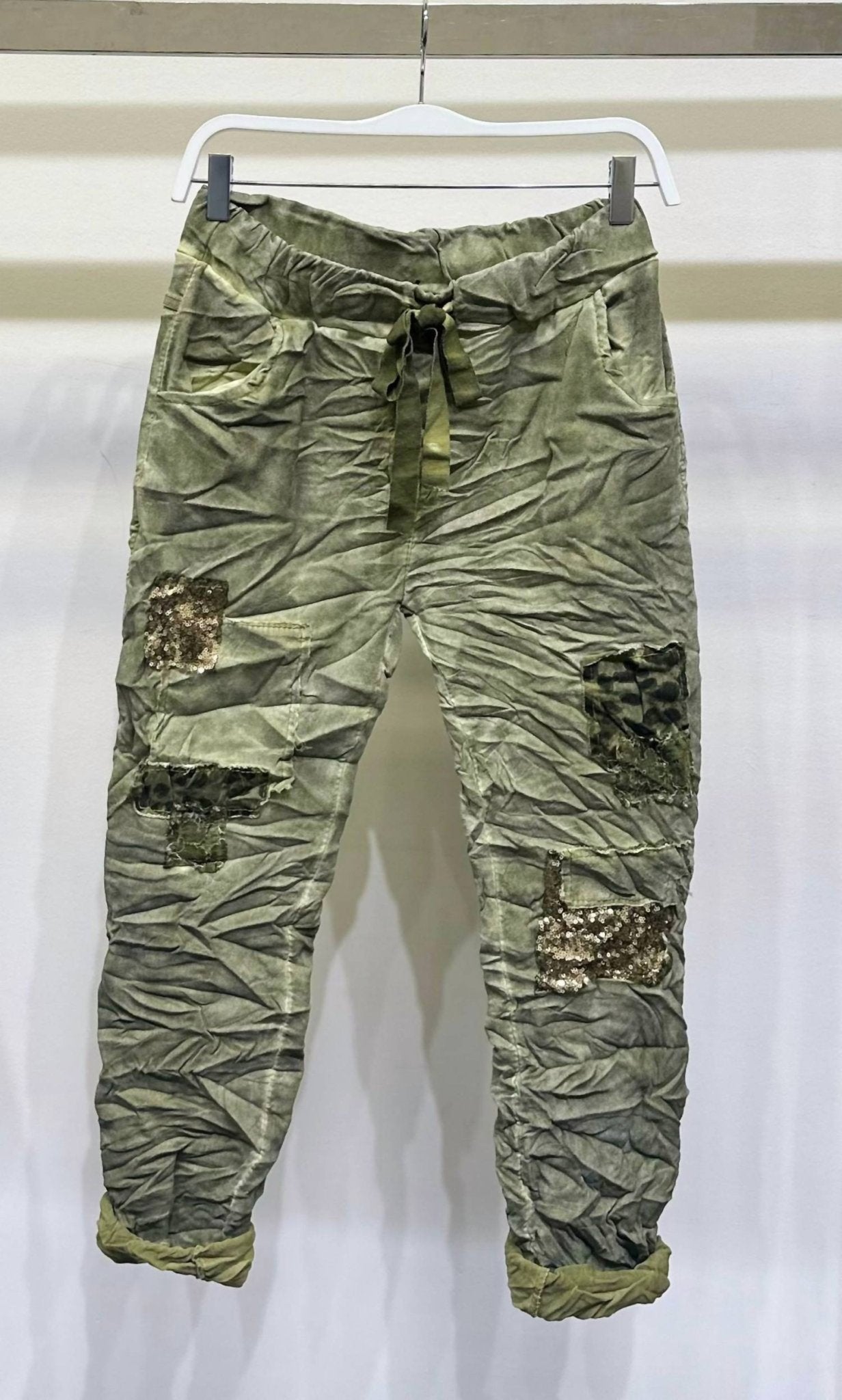 Venti6 - Sequin Camo Patch Crinkle Pants - ankle - clothing - cropped