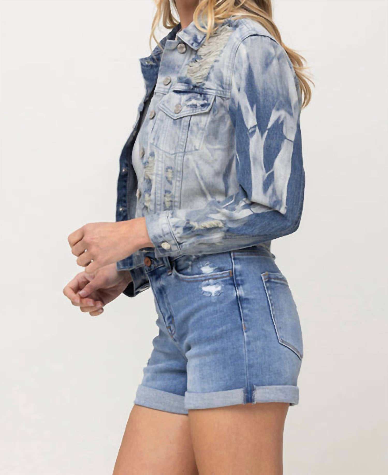 Vervet By Flying Monkey - Rigid Classic Crop Denim Tie Dye Jacket - blue - clothing - jackets