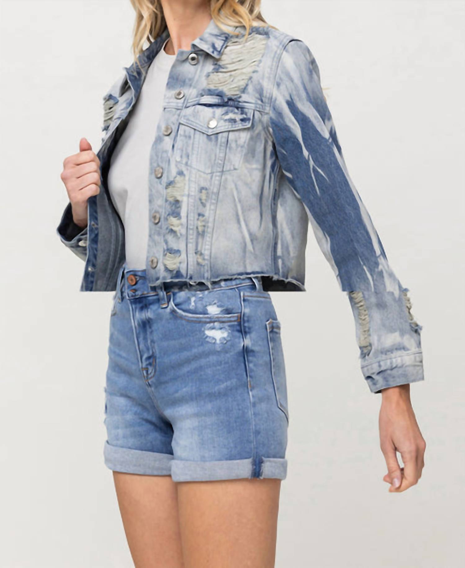 Vervet By Flying Monkey - Rigid Classic Crop Denim Tie Dye Jacket - blue - clothing - jackets