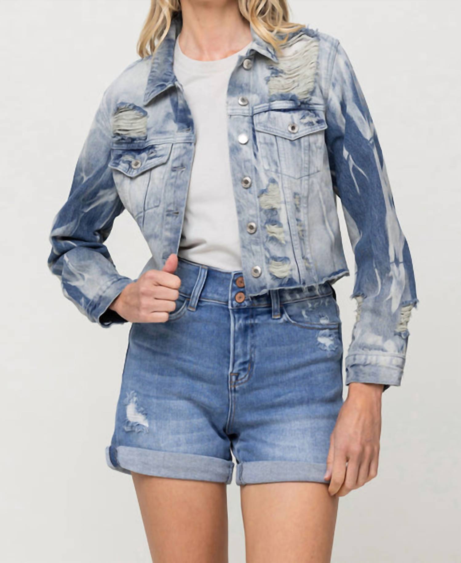 Vervet By Flying Monkey - Rigid Classic Crop Denim Tie Dye Jacket - blue - clothing - jackets