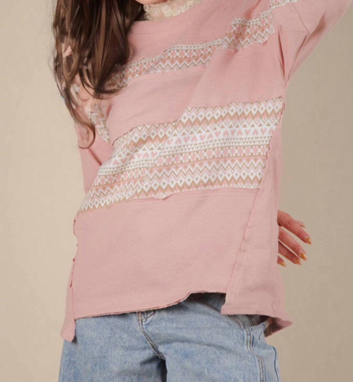 Very J - Oversized Printed Knit Contrast Knit Top