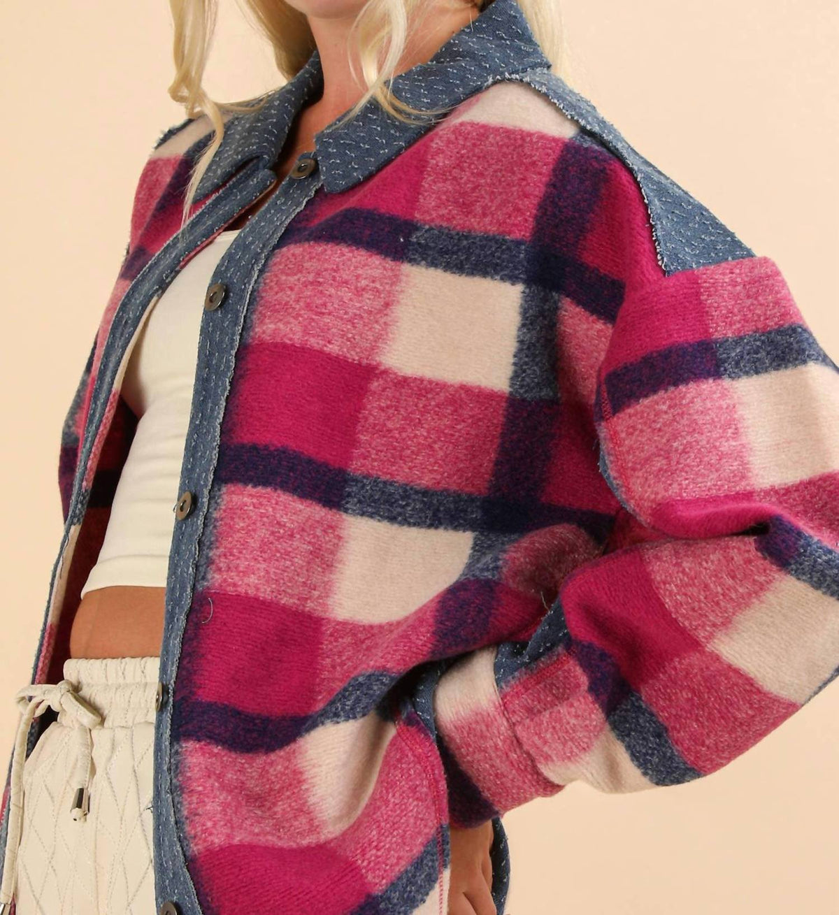 Very J - Textured Denim Contrast Plaid Shacket