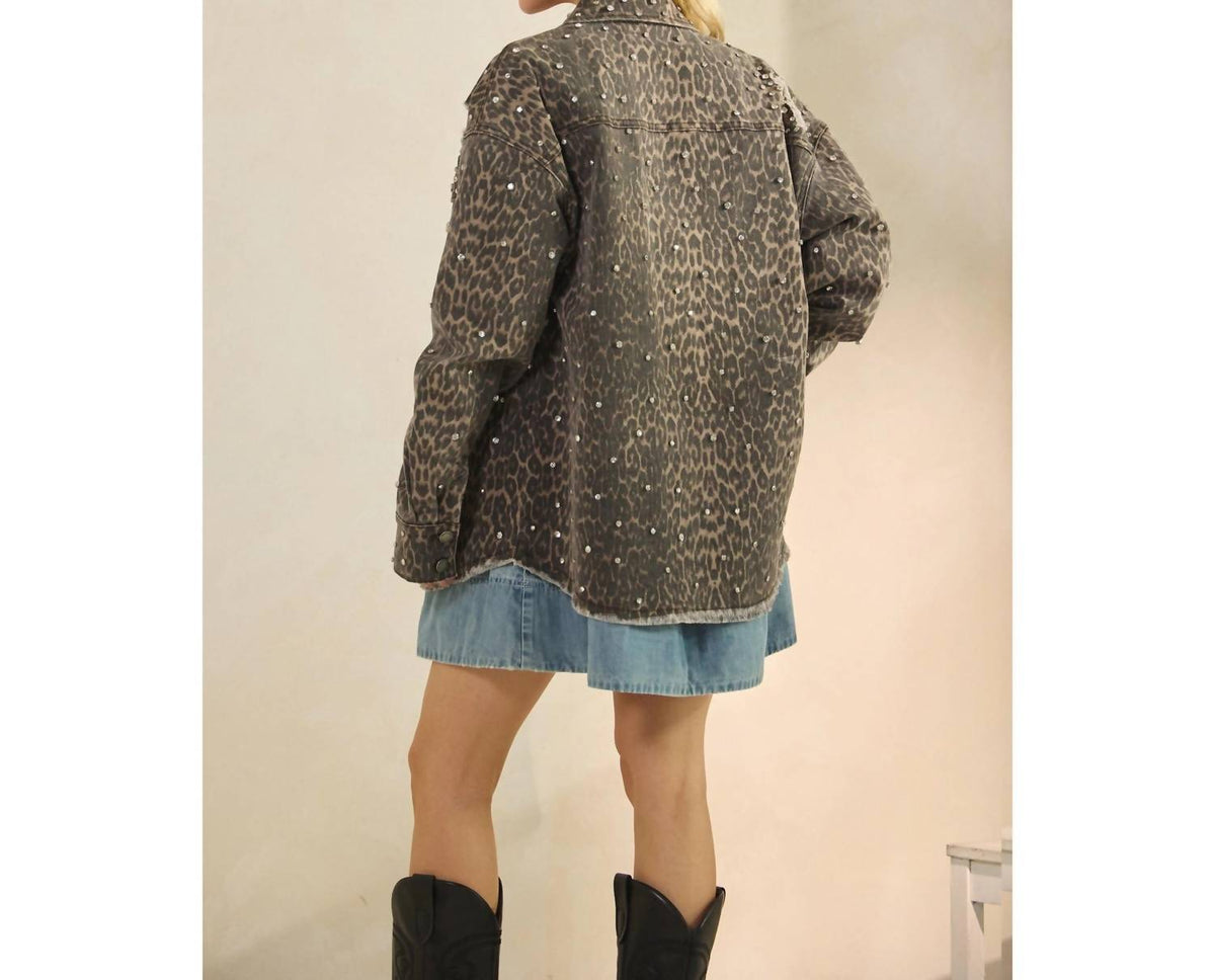 Veveret - Printed Rhinestone Denim Jacket
