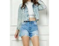 Veveret - Stripe Rhinestone Distressed Denim Jacket