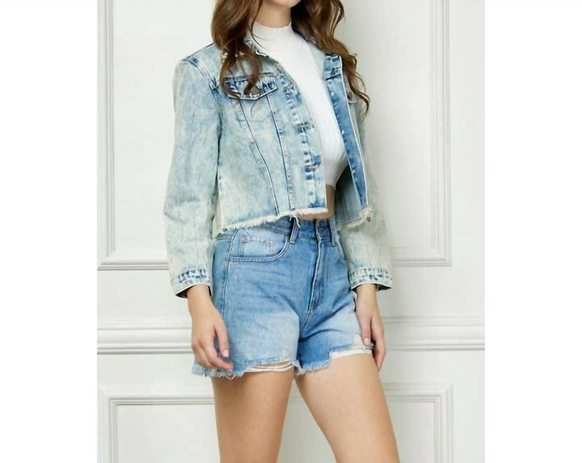 Veveret - Stripe Rhinestone Distressed Denim Jacket