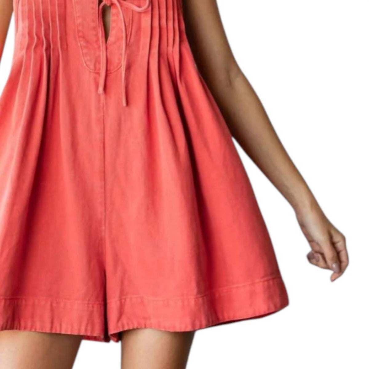 Veveret - V-neck Puff Sleeve Denim Short Romper