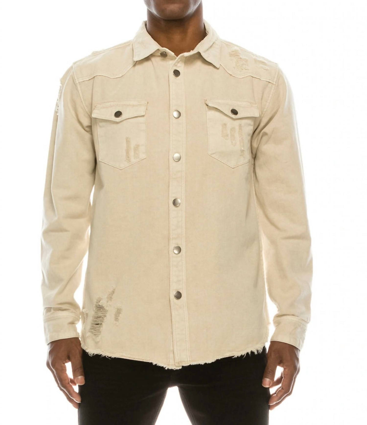 Victorious - Long Sleeve Button Up Distressed Denim Jean Jacket