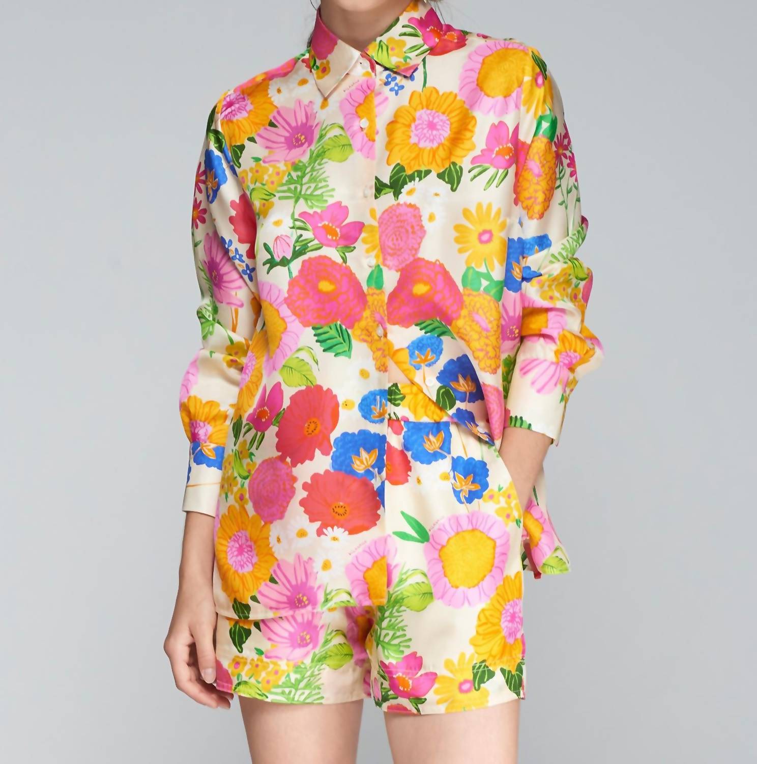 Vilagallo - Floral Silk Shirt - beige - button - down - shirts - clothing